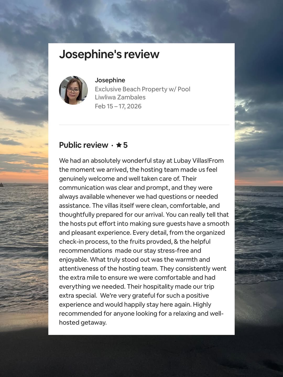 Josephine 5-star guest stay at Lubáy Villas